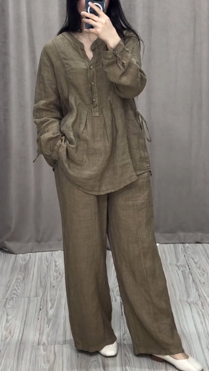 Women Cotton and Linen V-neck Two-piece Suit