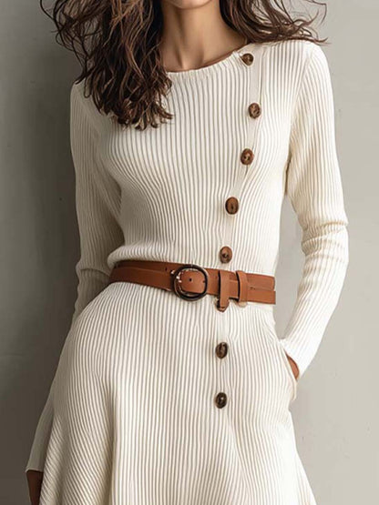 Cream Knit Midi Dress With Asymmetrical Button Detail
