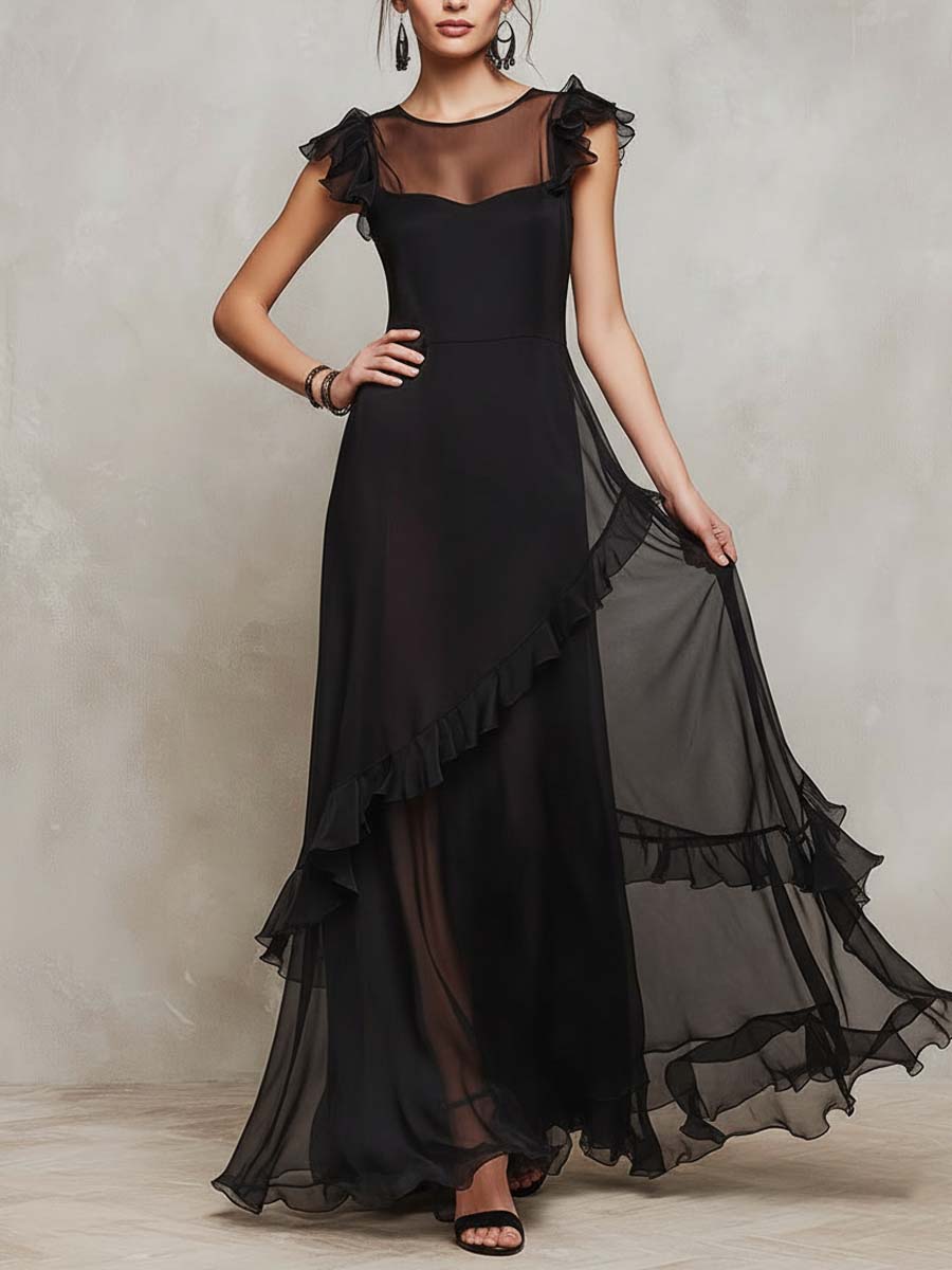 Sheer Ruffle-Trim Asymmetric Maxi Dress