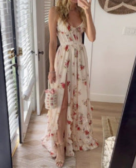 New Hot-selling Chiffon Print See-through Slit Suspender Dress