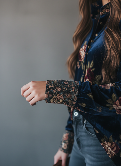 Retro Gold Velvet Floral Print Button-Up Blouse