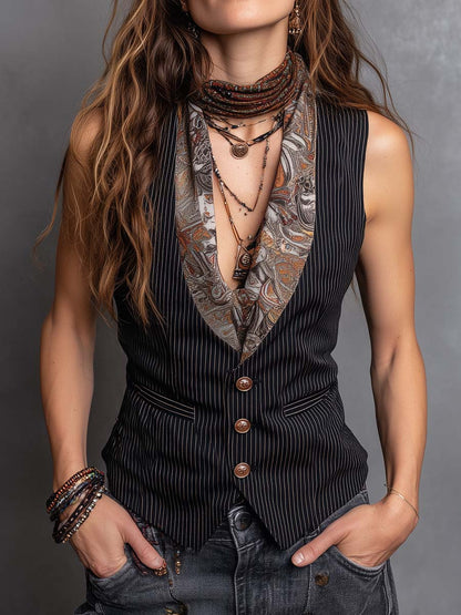 Vintage Stripe Tailored Vest With Printed Lapel