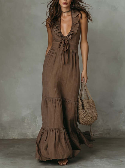 Retro Ruffle Neck Cotton And Linen Maxi Dress