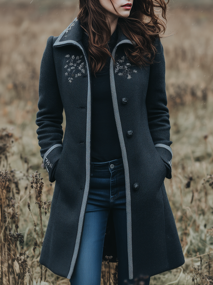 Retro Contrast Trim Floral Embroidery Woolen Polyester Mid-length Jacket