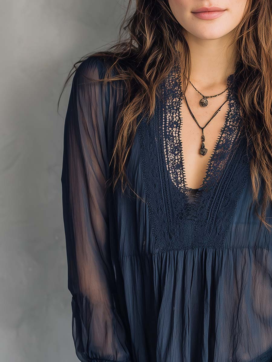 Vintage Lace Trim Sheer Chiffon Blouse