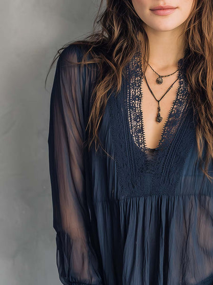 Vintage Lace Trim Sheer Chiffon Blouse