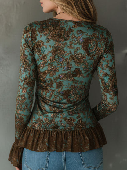 Boho Sage And Bronze Floral Ruched Ruffle Hem Blouse