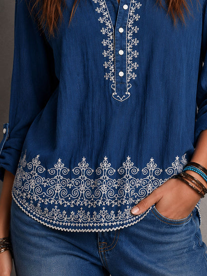 Boho Indigo Denim Embroidered Roll Tab Sleeves Blouse