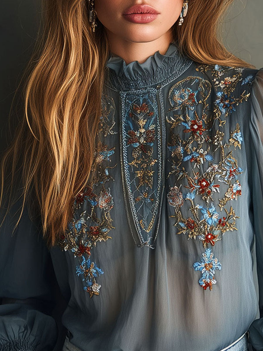 High Neck Smoky Blue Embroidered Chiffon Blouse With Sheer Sleeves