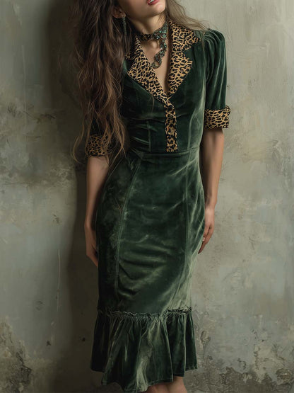 Vintage Green Velvet Leopard Patchwork Midi Dress