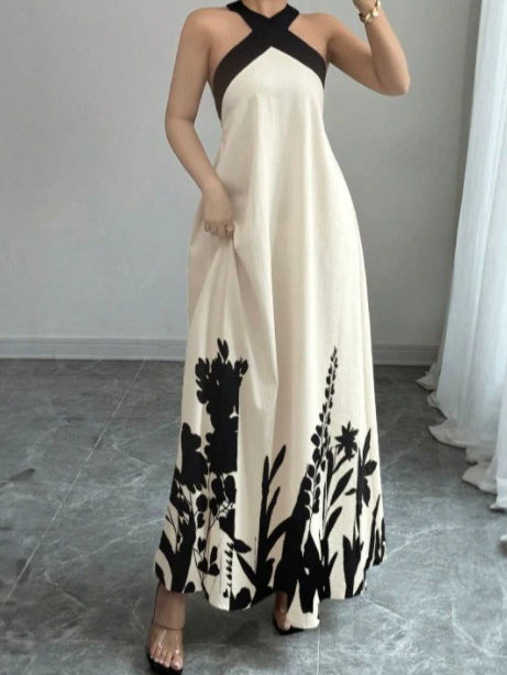 Women's Summer Vacation Halter Backless Bow Bandage Contrast Color Large Swing Dress