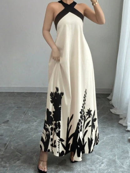Women's Summer Vacation Halter Backless Bow Bandage Contrast Color Large Swing Dress