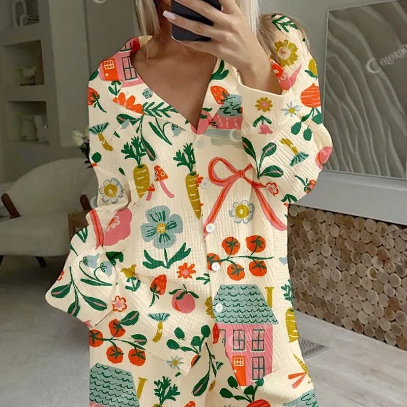 Women's Pastoral Floral Bow Print Cotton Homewear Set