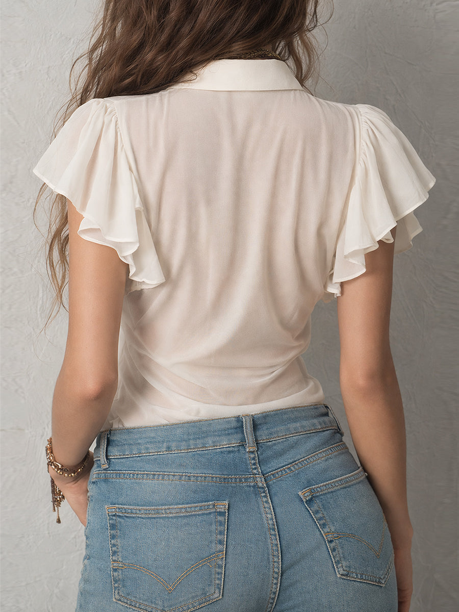 Vintage Chiffon Sleeveless Blouse With Ruffles