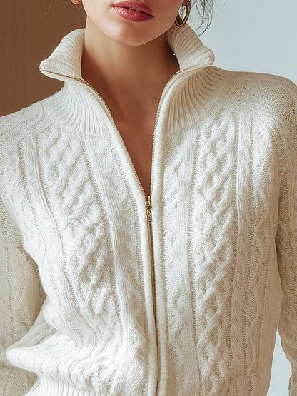 White Cable-Knit Zip Cardigan
