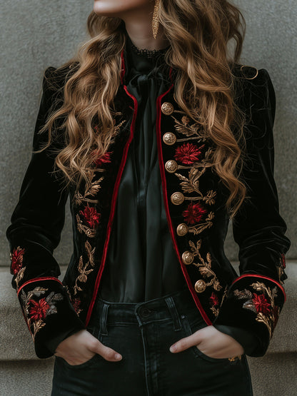 Vintage Black Velvet Embroidered Military Gold Button Blazer
