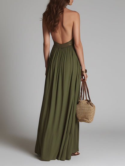 Boho Halter-Neck Maxi Dress With Lace Inserts