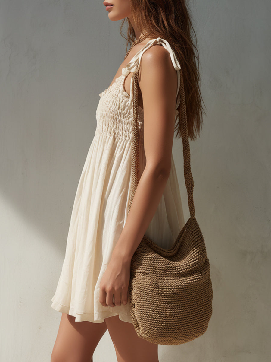 Boho Shirred Mini Dress With Shoulder Ties