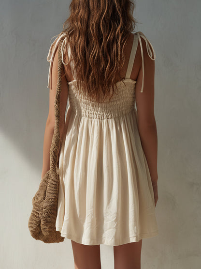 Boho Shirred Mini Dress With Shoulder Ties