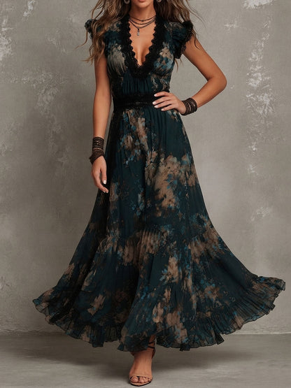 Vacation Boho Dark Floral Chiffon Maxi Dress With Lace Trim