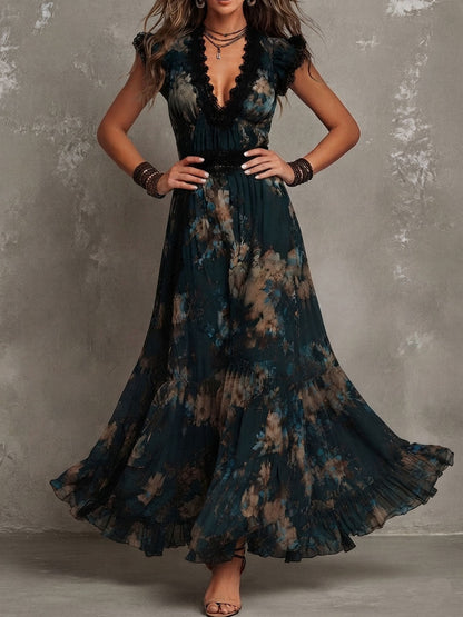 Vacation Boho Dark Floral Chiffon Maxi Dress With Lace Trim