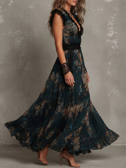 Vacation Boho Dark Floral Chiffon Maxi Dress With Lace Trim