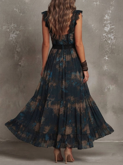 Vacation Boho Dark Floral Chiffon Maxi Dress With Lace Trim