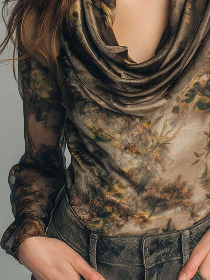 Sheer Floral Mesh Cowl-Neck Blouse With Soft Draping And Ruffled Sleeves
