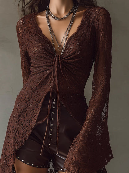 Bohemian Lace Bell Sleeves High Low Hem Blouse