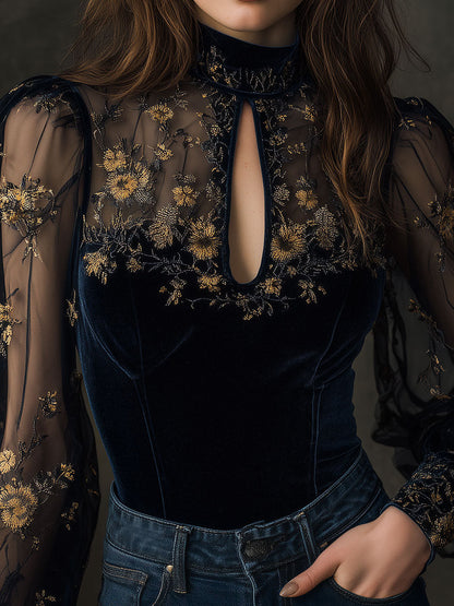 Retro Velvet Embroidered Mesh Stitching Blouse