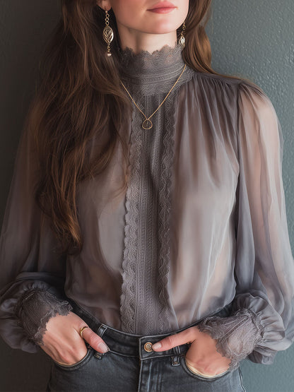 Elegant Chiffon Stand Collar Lace Splicing Blouse