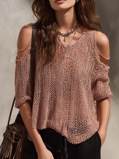Retro Pink Cold-Shoulder Knitted Blouse