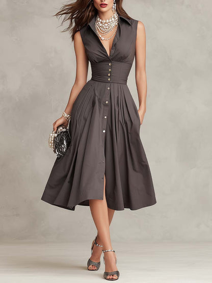 Vintage Taupe Waist-Cinched Button Midi Dress