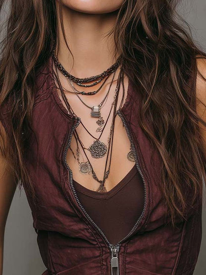Vintage Burgundy Denim Zip Vest Top
