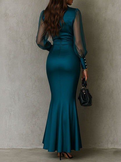 Retro Elegant  Sheer Puff Sleeves Teal Satin Ruched Mermaid Maxi Dress