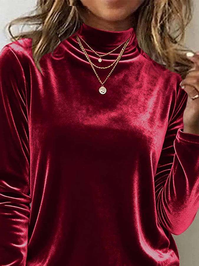 Women's high-neck Christmas velvet T-shirt