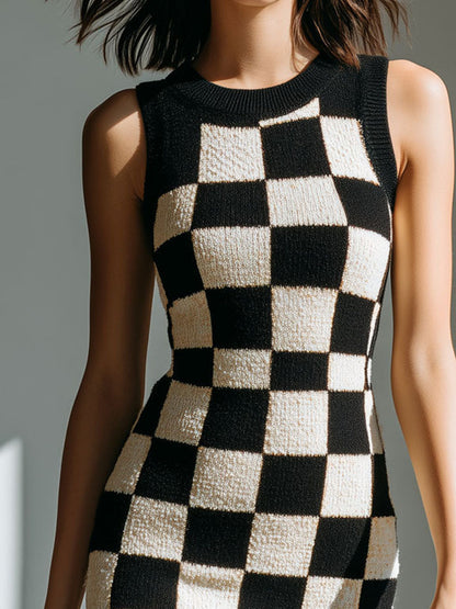 Vintage Black & White Checkerboard Knit Sleeveless Mini Dress