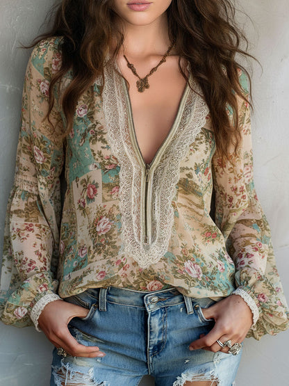 Vintage Boho Zipper Sage Green Floral Chiffon Lace Trim Blouse