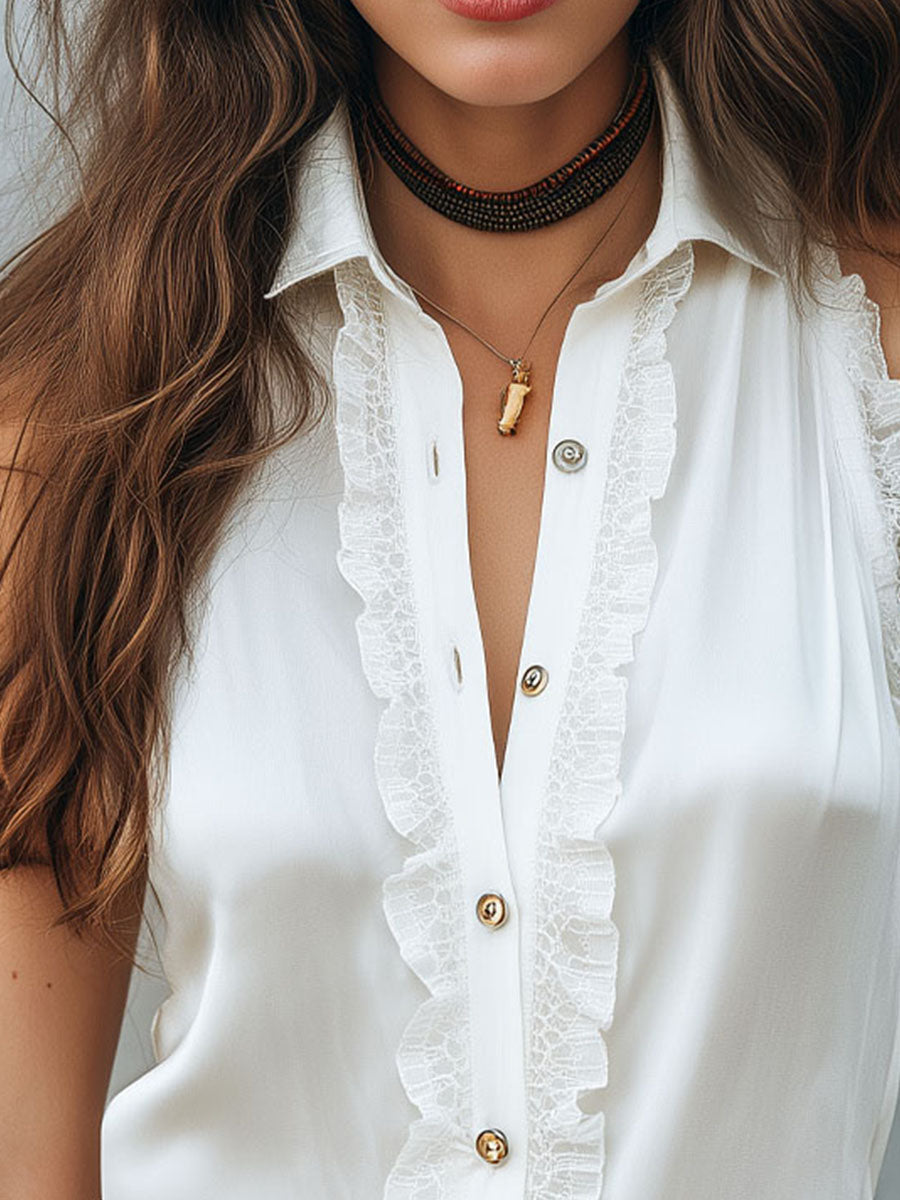 Retro White Lace Trim Sleeveless Ruffled Button-Down Blouse