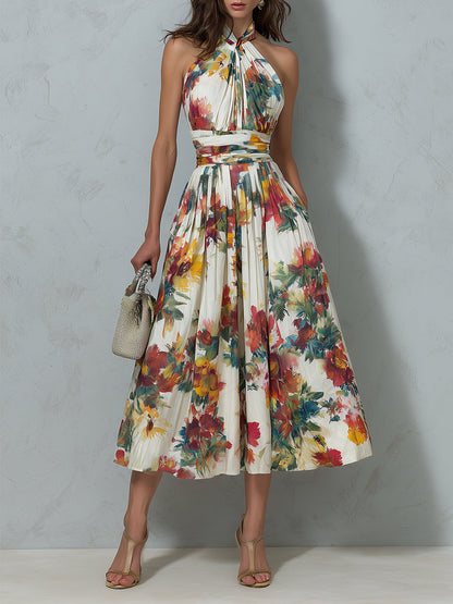 Retro Halter Neck Floral Print Pleated Midi Dress