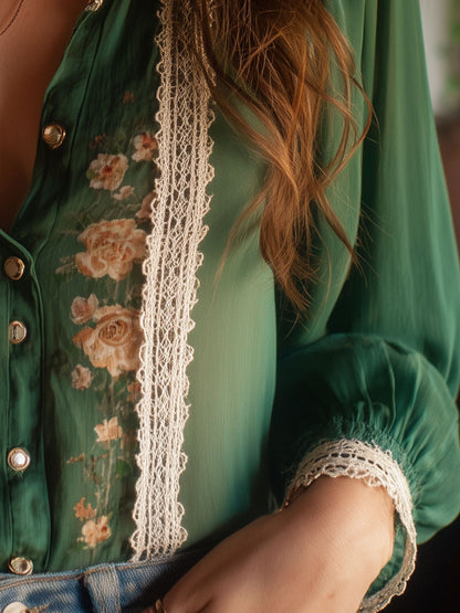 Vintage Chiffon Print Lace Panel Blouse