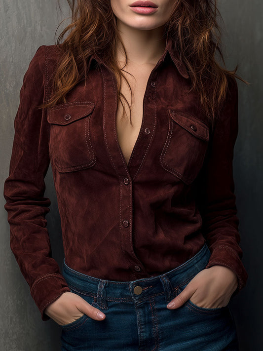 Chestnut Brown Eco Suede Western Shirt With Pockets