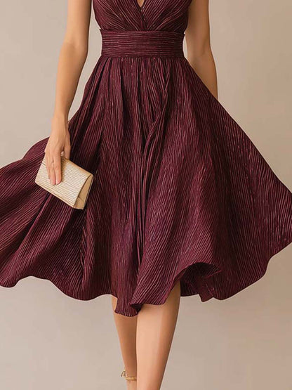 Vintage Wine Pleated Waist Midi Dress