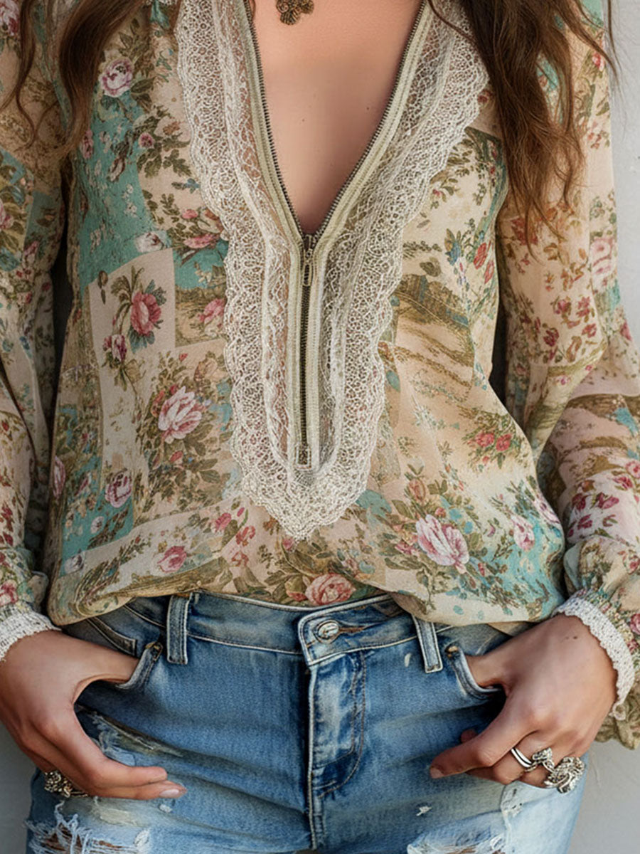 Vintage Boho Zipper Sage Green Floral Chiffon Lace Trim Blouse