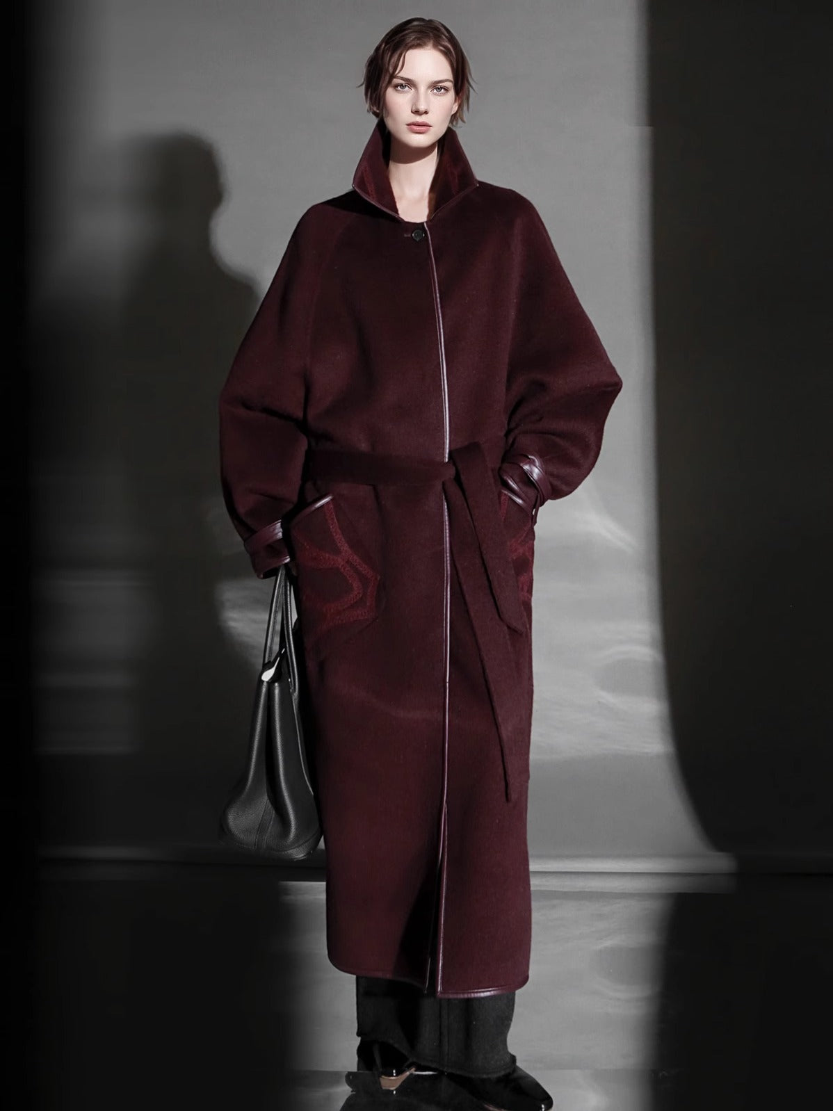 Chain Pattern Wool Coat for Women – Double-Faced Alpaca Wool Overcoat with Leather Trim, Chic Oversized Silhouette Winter Outerwear