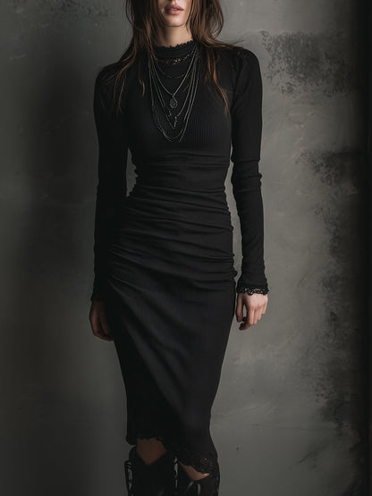 Basic Versatile Bottoming Lace Patchwork Stretch Knit Midi Dress