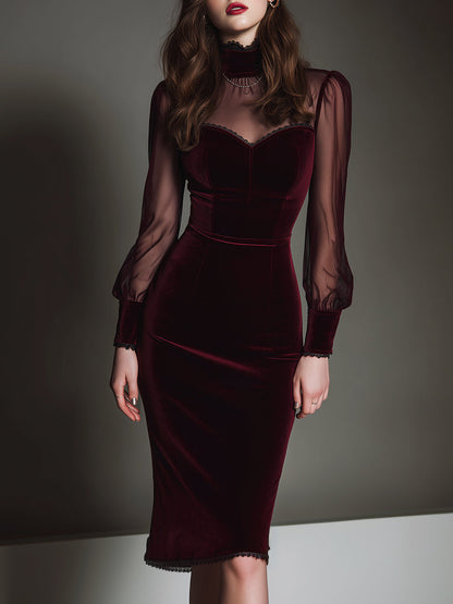 Elegant Mesh Polyester Velvet Stitching Sweetheart Neckline Slim Midi Dress