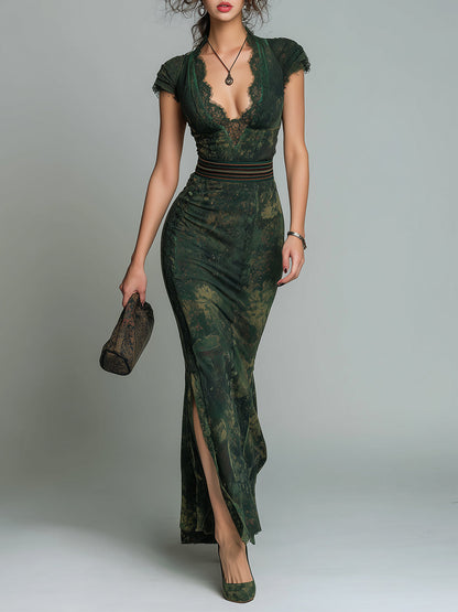 Retro Lace Trim Cap Sleeves Side Slit Maxi Dress