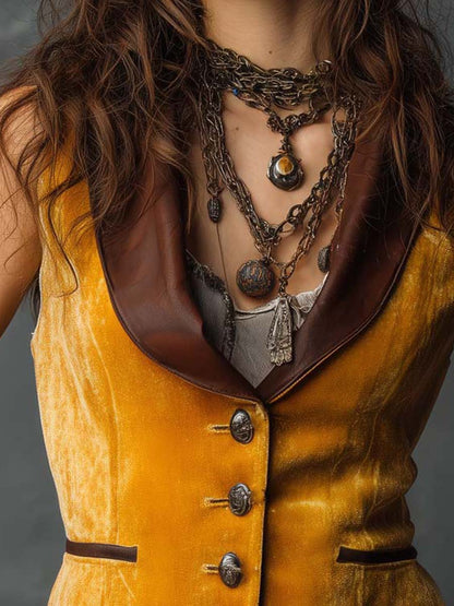 Vintage Velvet Vest With Eco-Leather Lapel