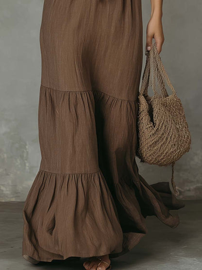 Retro Ruffle Neck Cotton And Linen Maxi Dress